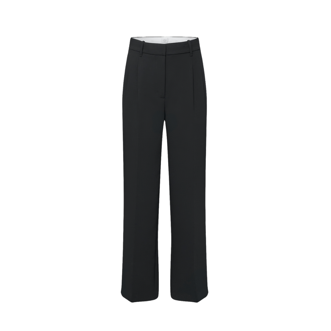 A pair of high-waisted, wide-leg black trousers with a tailored pleat down the center.
