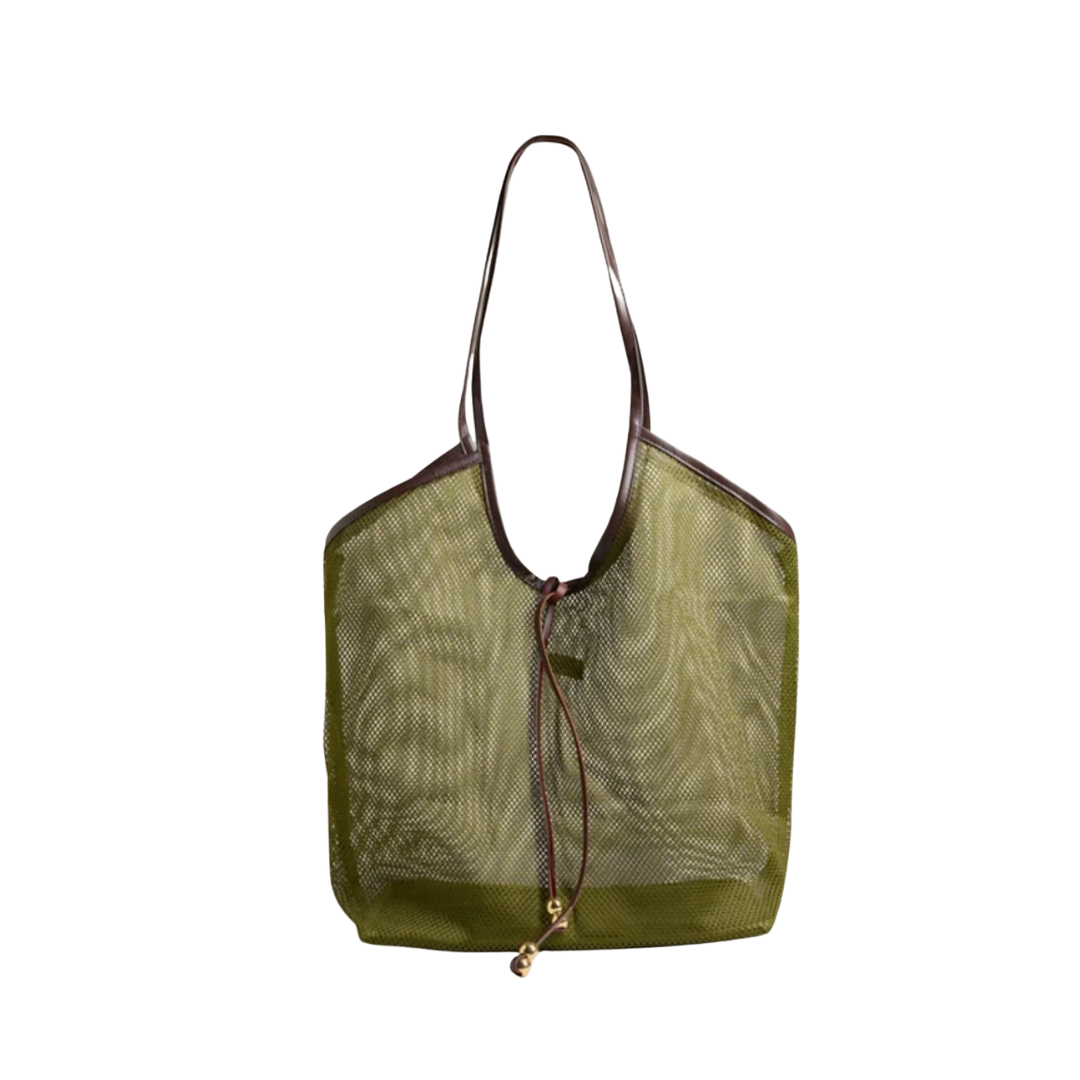 The Tokyo Shopper olive green mesh tote bag with brown leather handles and drawstring closure
