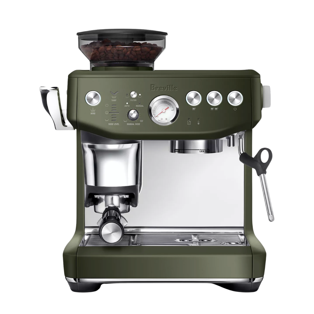 Breville the Barista Express espresso coffee machine with integrated bean grinder in matte olive green and stainless steel finish
