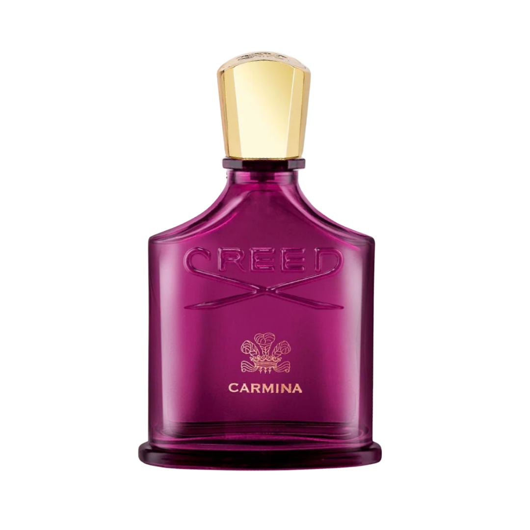 A deep magenta glass Creed Carmina perfume bottle with a structured gold cap and elegant gold lettering.