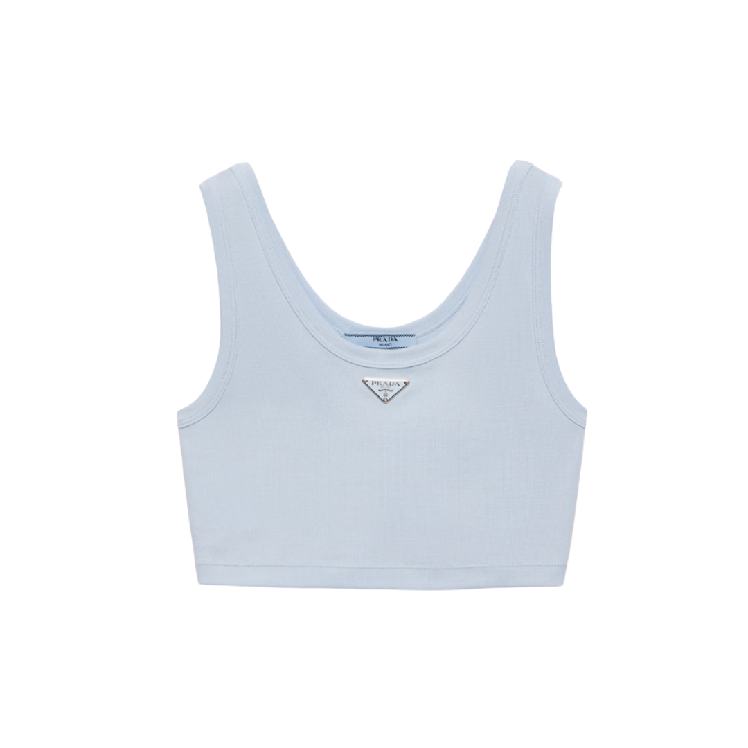 A pale blue ribbed knit sleeveless crop top with a small silver Prada logo on the chest.