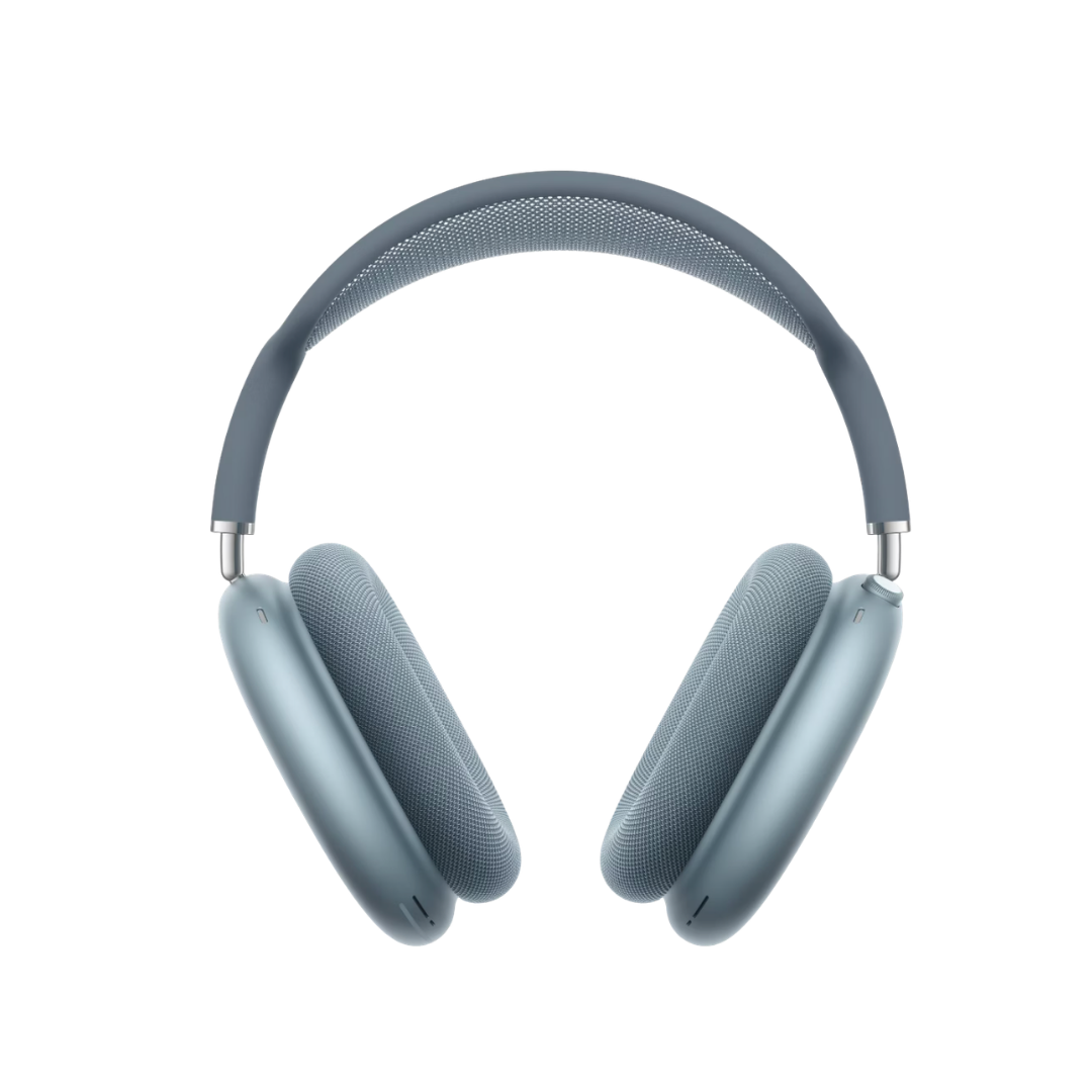 A pair of Apple AirPod Max over-ear headphones in a muted slate blue color with a mesh headband.