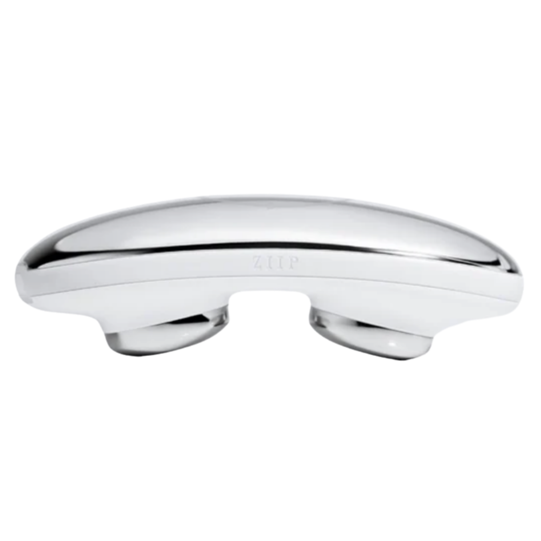 A sleek, ergonomic silver and white ZIIP Halo facial toning device with a polished metallic finish.
