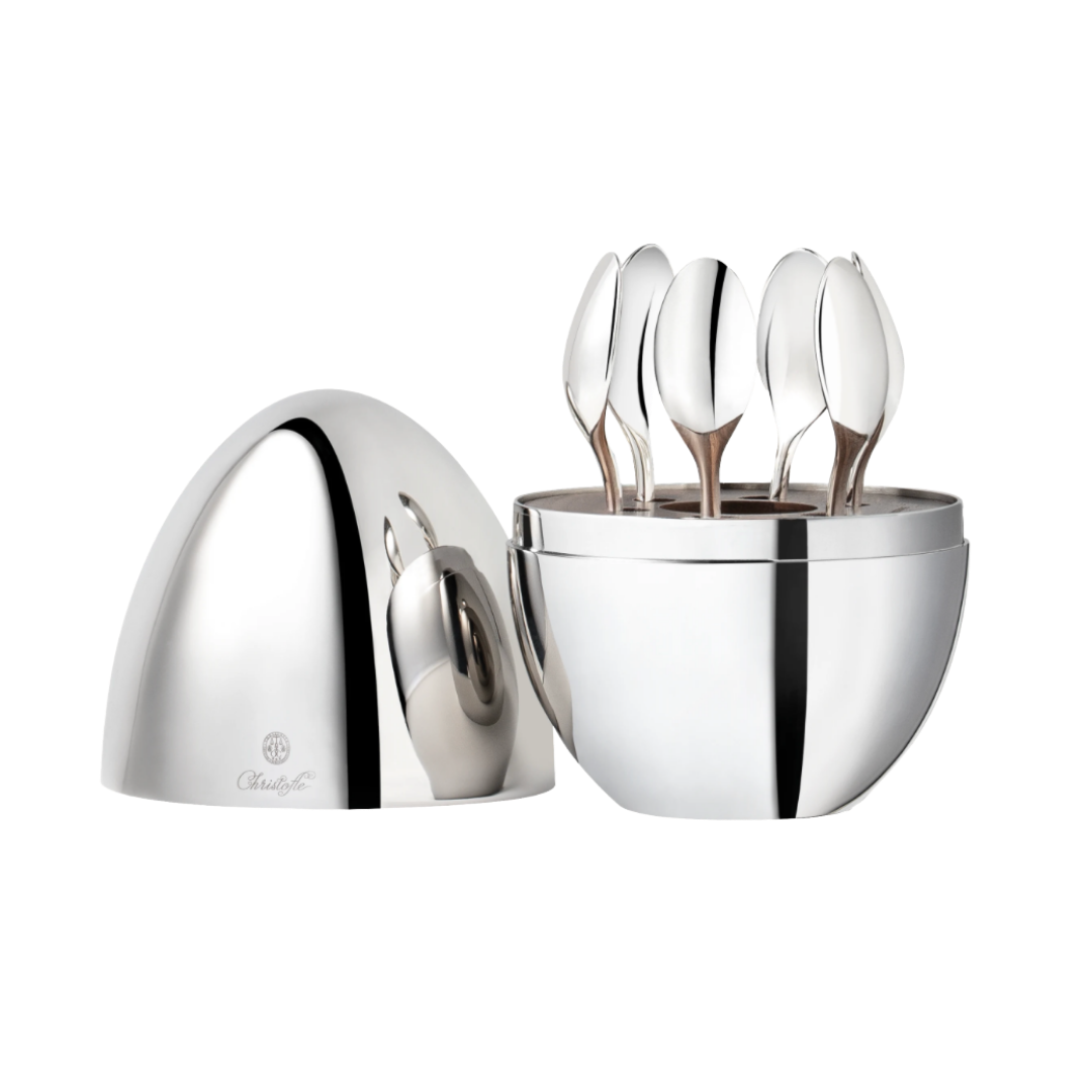 Christofle Mood silver-plated 24-piece flatware cutlery set housed inside mirror-polished steel egg-shaped capsule