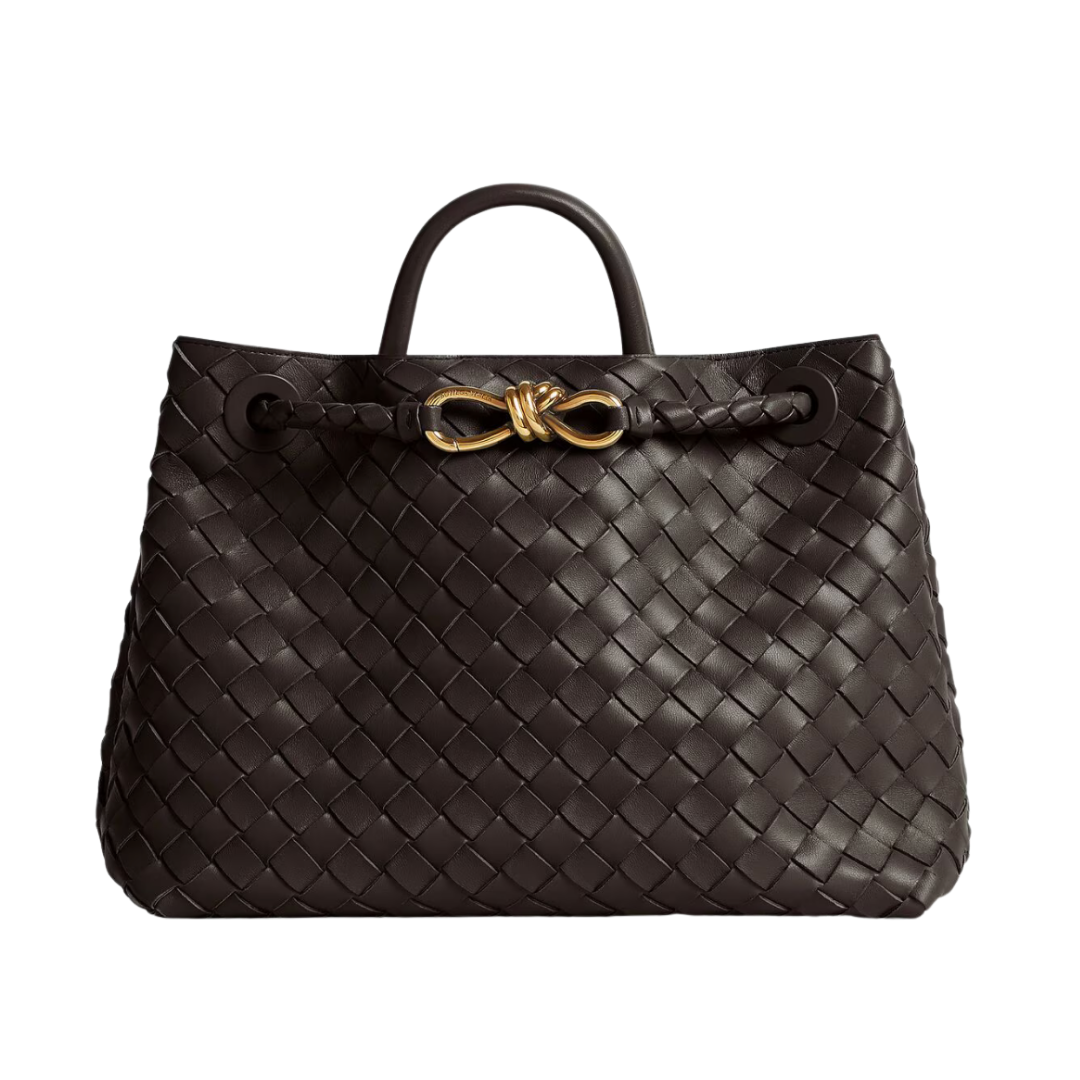 A dark brown Bottega Veneta Andiamo bag featuring the signature Intrecciato woven leather and a gold knot detail on the handle.