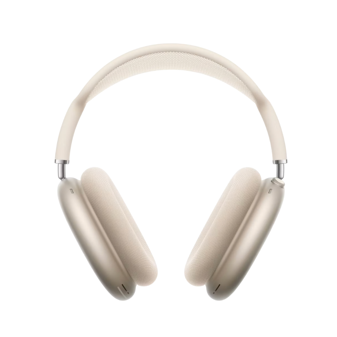 A pair of Apple AirPods Max over-ear headphones in a creamy starlight (beige) finish with a matching mesh headband.