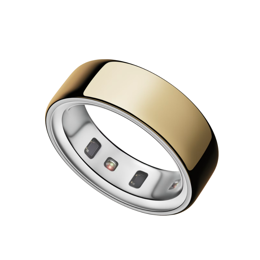 A polished gold Oura Ring 4 smart ring shown at an angle to reveal the interior health-tracking sensors.