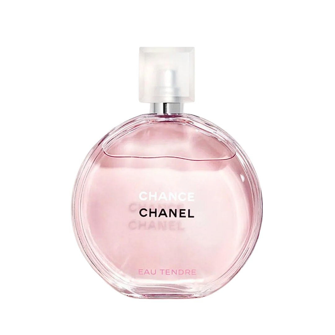 A round, pink glass Chanel Chance Eau Tendre bottle with a silver-rimmed square cap.