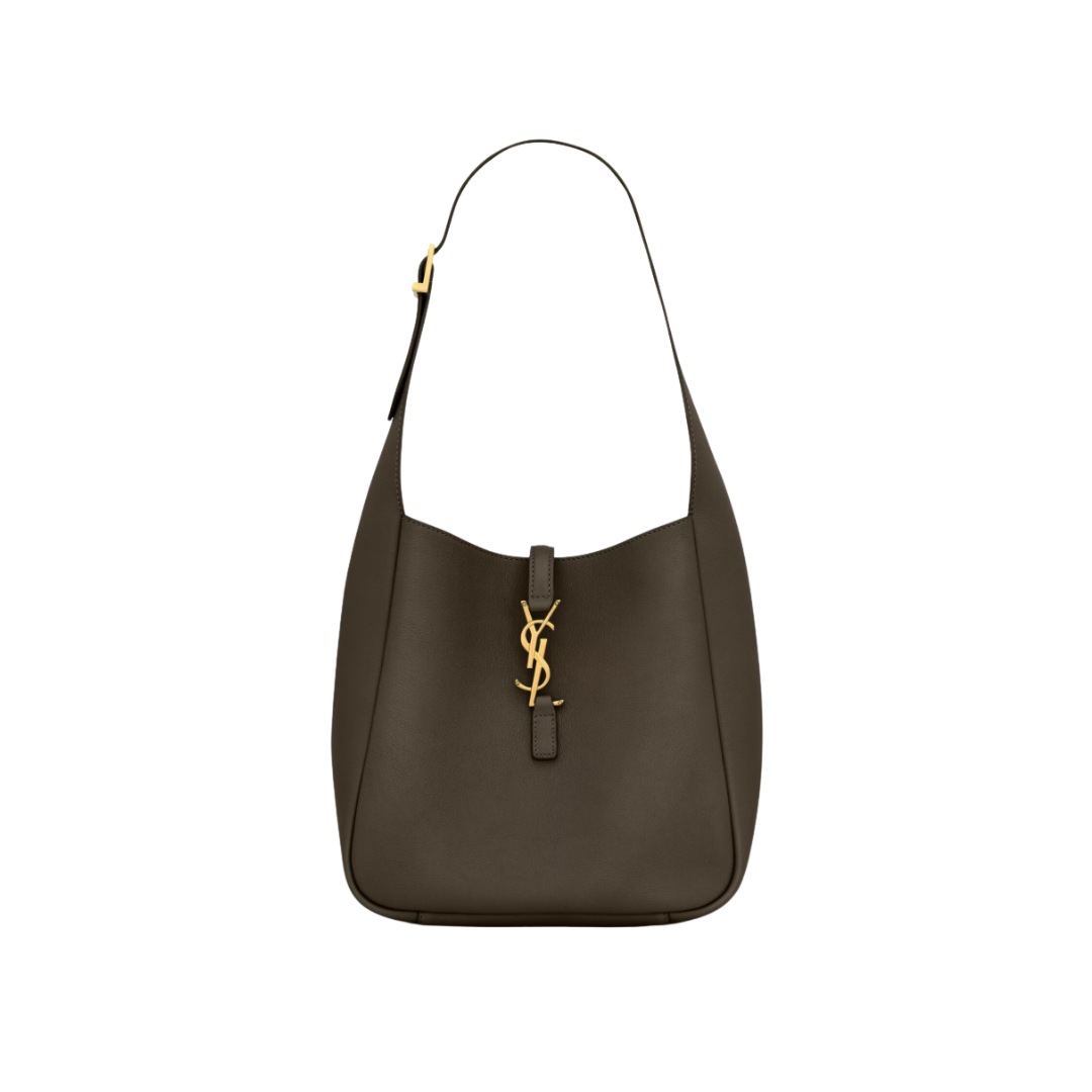 A dark olive green leather hobo-style shoulder bag featuring a gold YSL monogram clasp on the front strap.