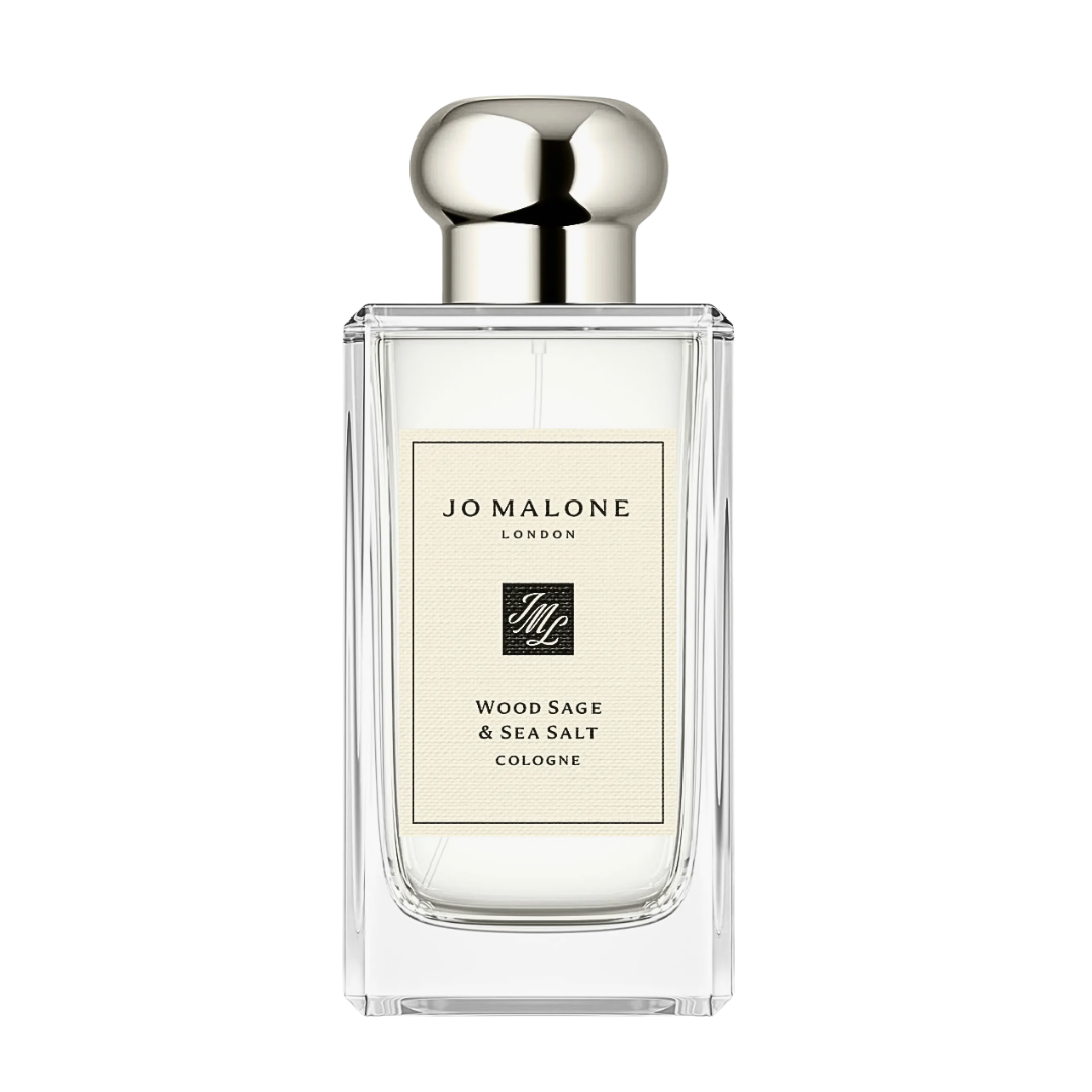 A tall, clear Jo Malone glass bottle with a minimalist white label and a rounded silver cap.