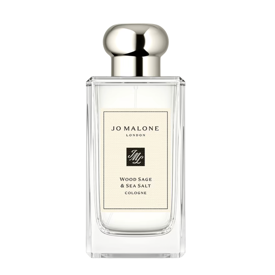 A Jo Malone glass perfume bottle with a silver cap and a custom silver label plate.