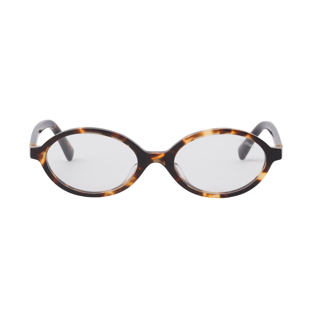 Miu Miu oval-framed blue light glasses featuring a dark brown tortoiseshell pattern.