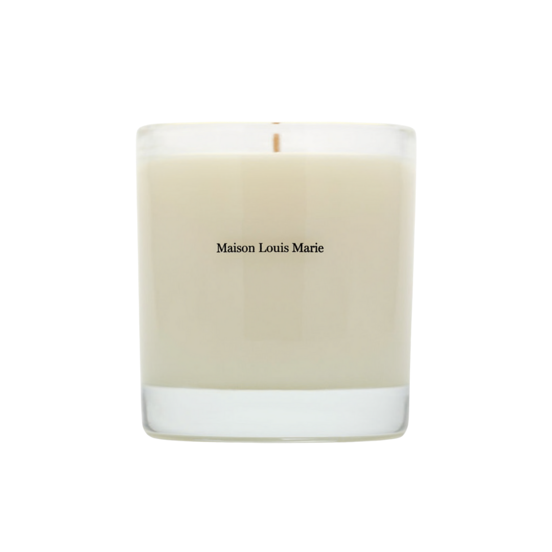 A minimalist white wax candle in a clear glass jar with 'Maison Louis Marie' printed in small black text.
