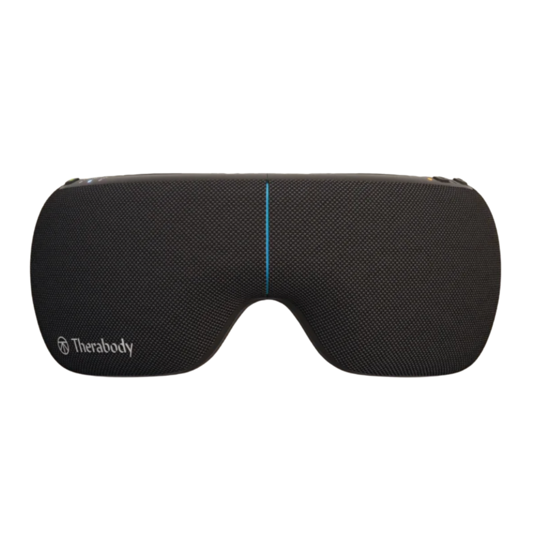 A pair of dark grey textured fabric Therabody SmartGoggles featuring a slim vertical blue light in the center.