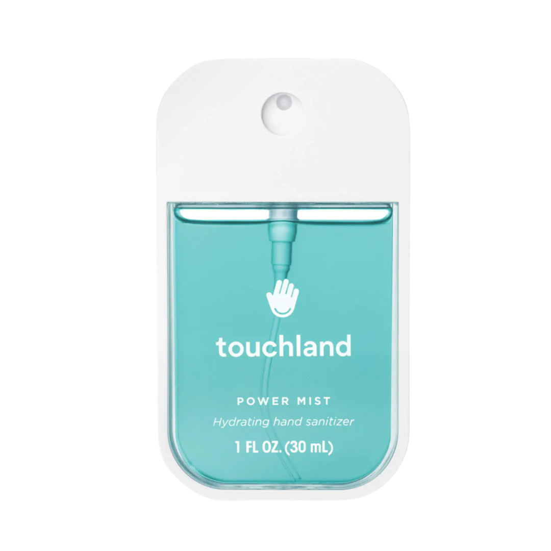 A white and clear flat rectangular Touchland hand sanitizer mist bottle with a light blue liquid inside.