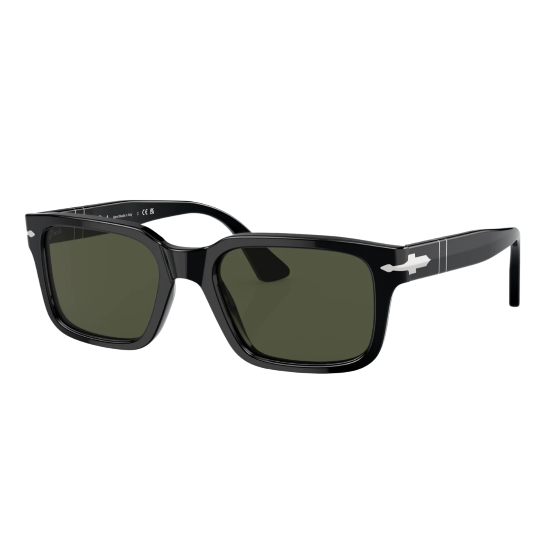 Persol classic black square-frame sunglasses with dark green polarized lenses and silver arrow detail
