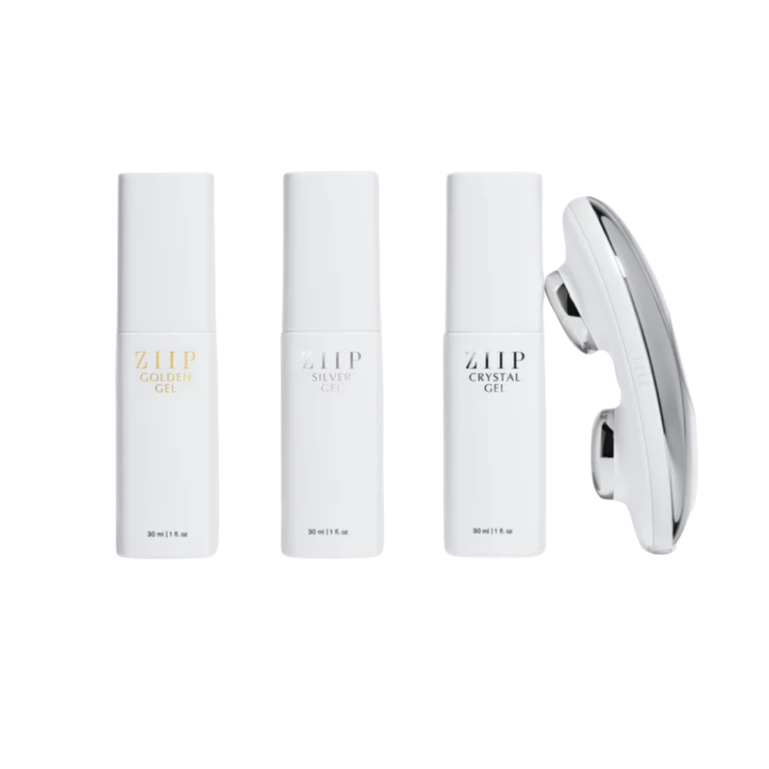 A sleek, ergonomic silver ZIIP Halo facial device displayed next to three white pump bottles of conductive gel.