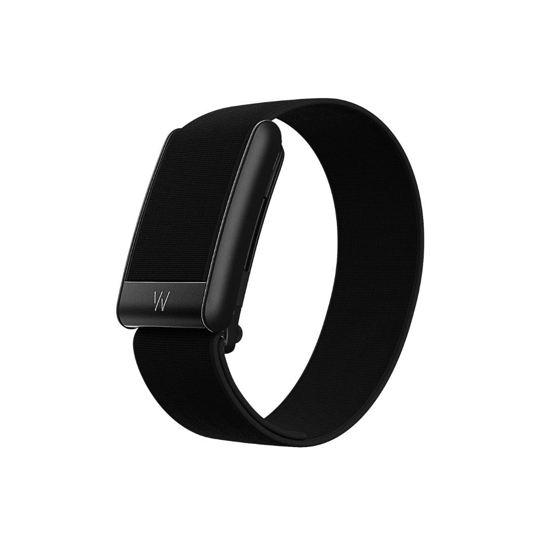 A minimalist WHOOP health tracker with a sleek black sensor and a matching black knit performance band.