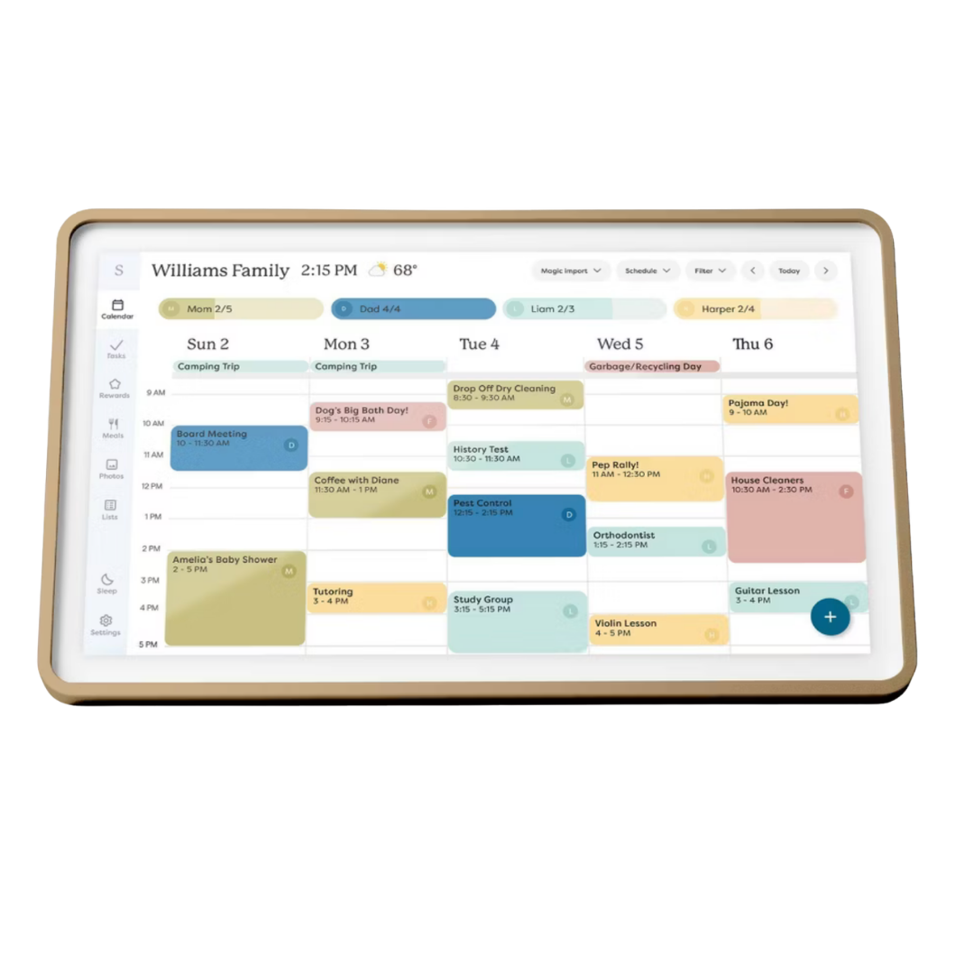 Skylight Calendar 2 digital smart touchscreen display showing color-coded daily family schedule in light wood frame
