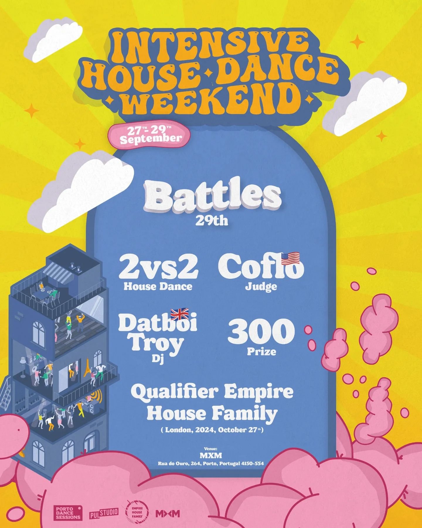 🌟 Get ready for the 3rd Edition of the Intensive House Dance Weekend! 🌟

⏳️ Join us in Porto, Portugal, on September 27th, 28th, and 29th for an unforgettable weekend dedicated to House Culture! This is, by far, our biggest production!

📣 This eve