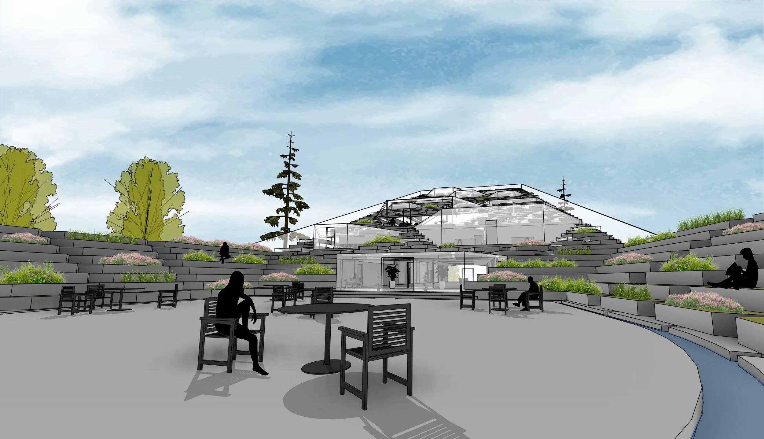 View from gardening courtyard, Revit and Photoshop.