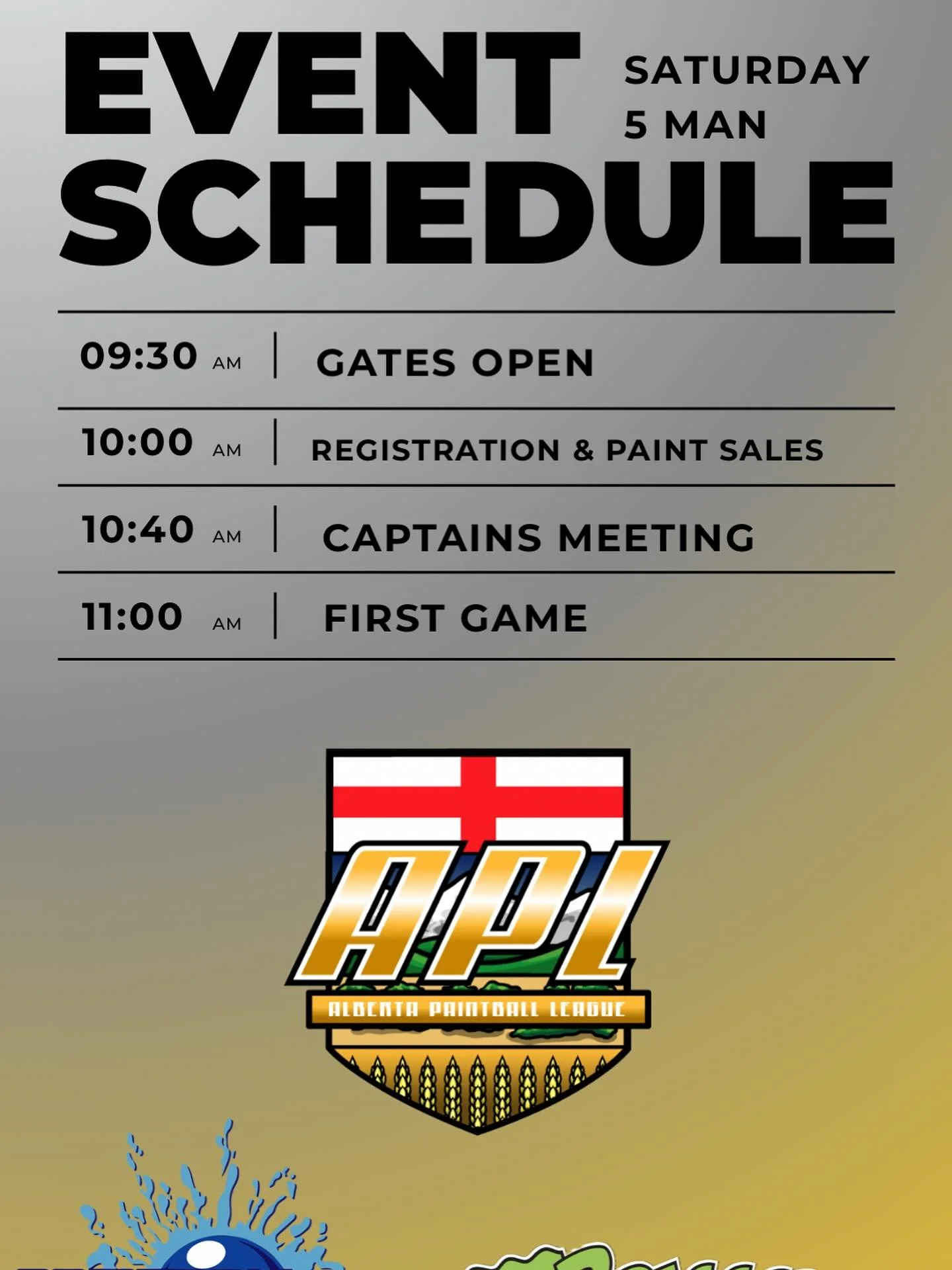 With fewer teams we will be starting at a later time than normal. Here is Saturdays event schedule. 
Gate Opens 9:30am
Registrations and paint sales open 10:00am
Captains meeting 10:40
First game 11:00am
If you have any questions feel free to send us