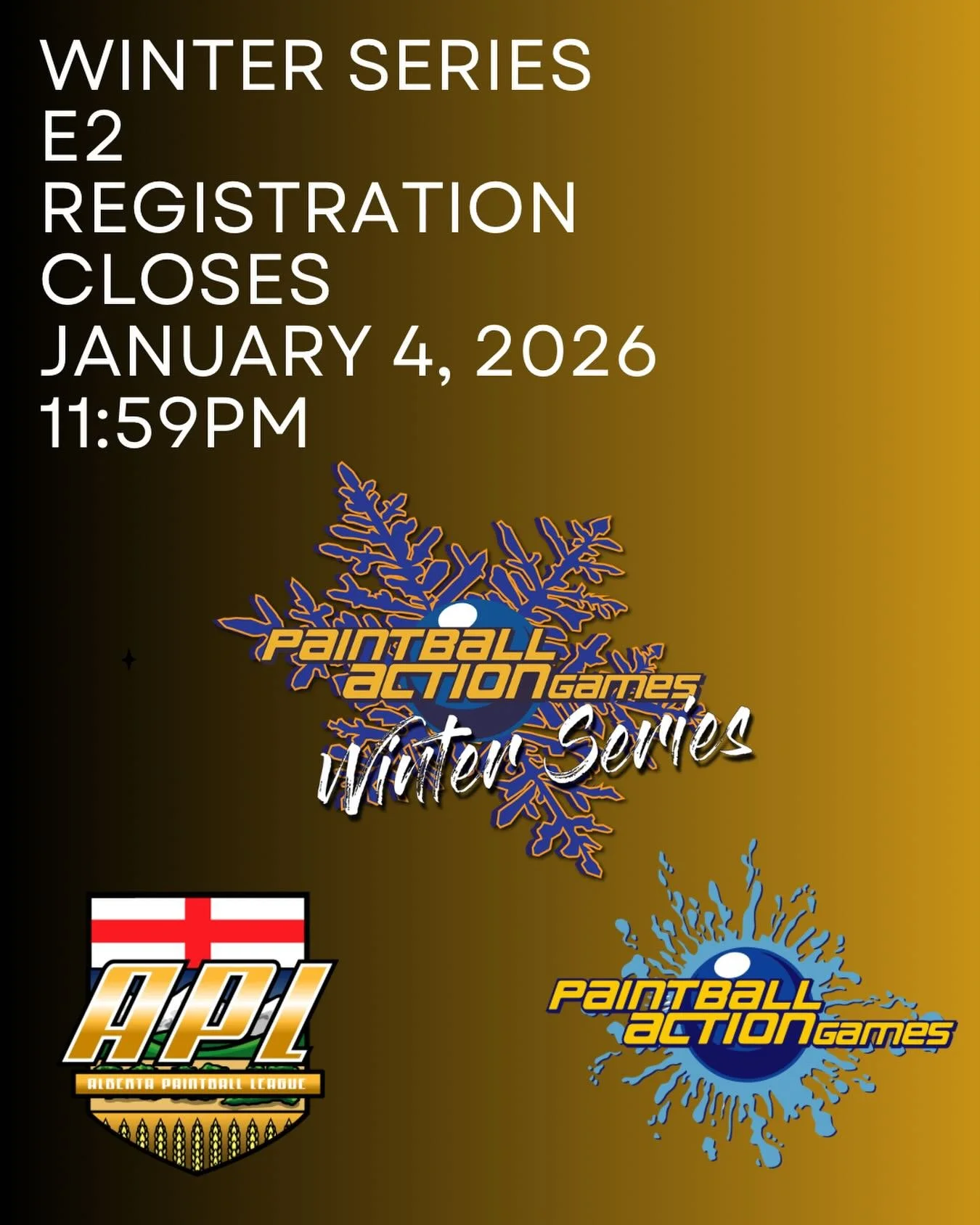 Winter series E2 registration will close Sunday January 4th at 11:59pm. Get signed up today on the website or send us a message.