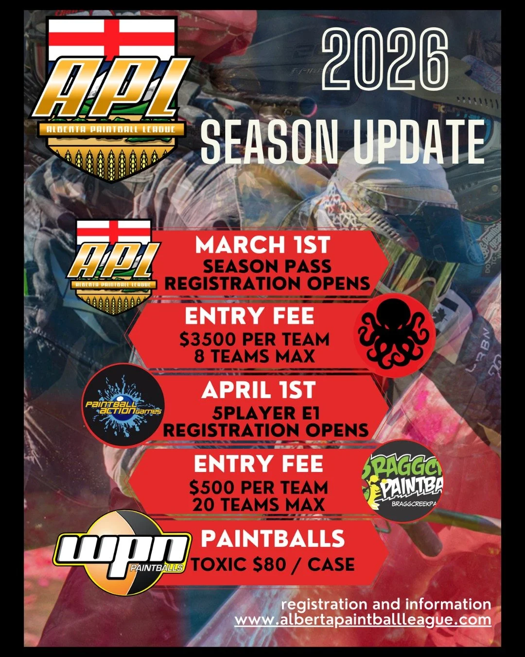 2026 season info updated! March 1st is Registration day for all Xball teams. Don't miss out!! Spots are limited!
check the website for more info go to albertapaintballleague.com