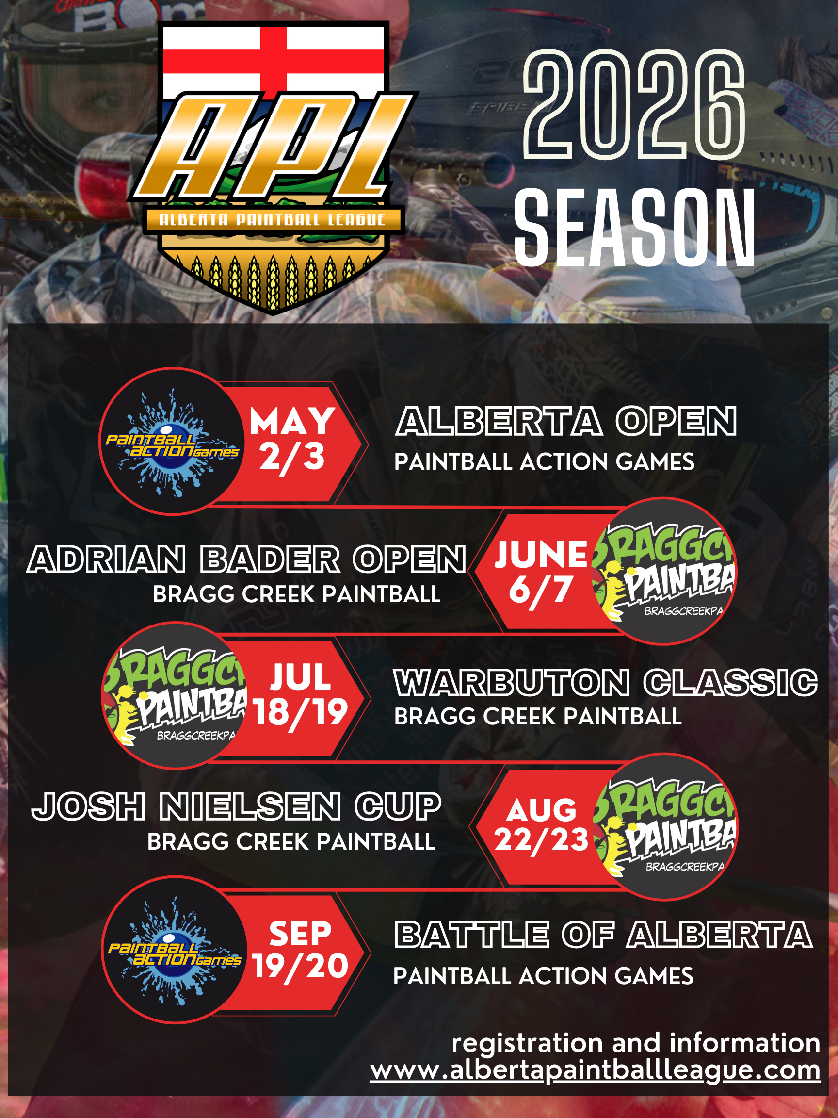 2026 Alberta Paintball League season schedule, featuring events at Alberta Open, Bragg Creek, Warbuton Classic, and Battle of Alberta with dates from May to September.