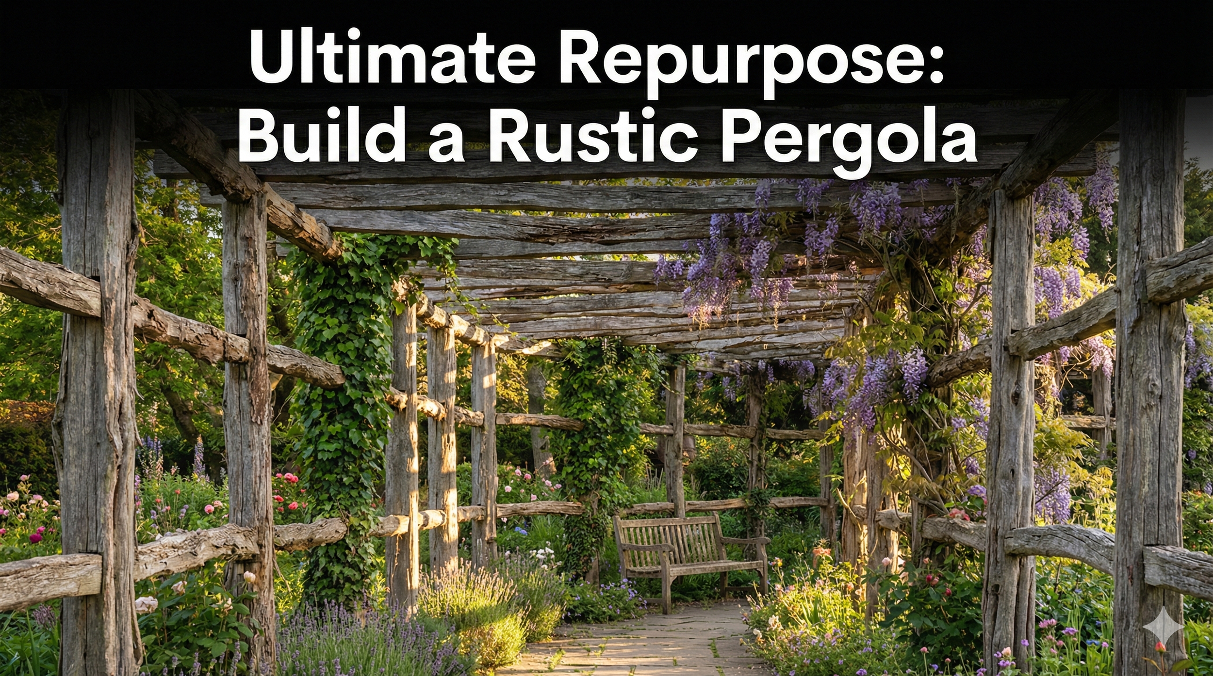 Pérgola rústica para jardín hecha con vallas de madera recicladas cerca hiedra trepadora.