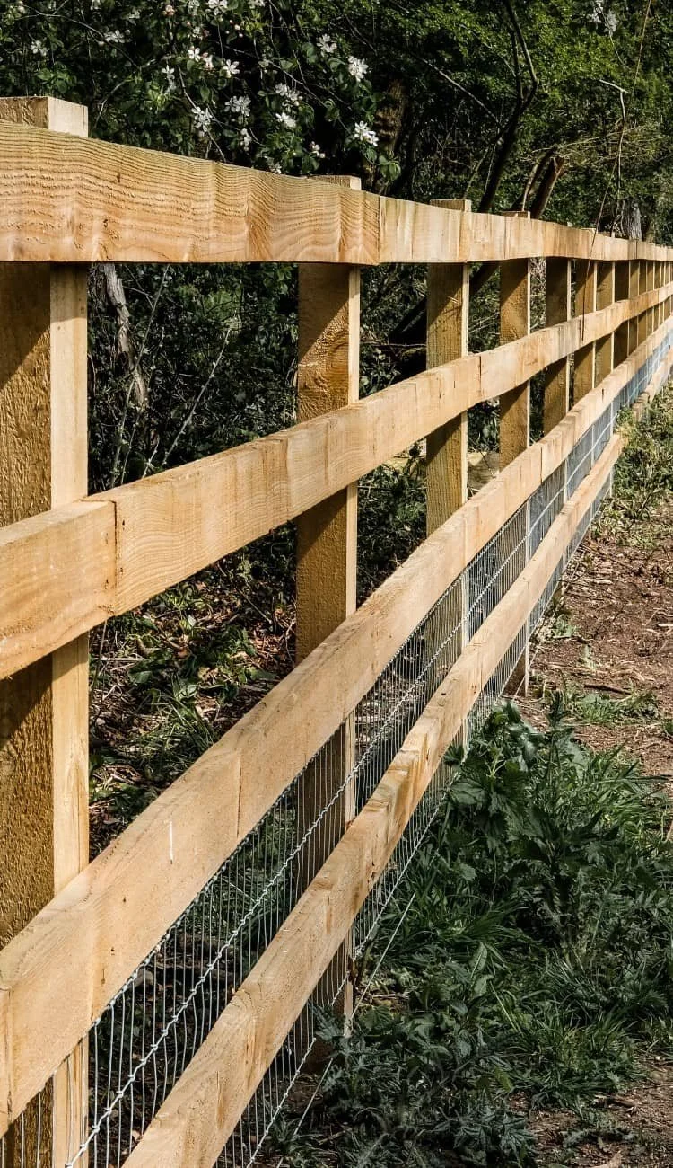 Wooden fence with wire mesh, vegetation in background