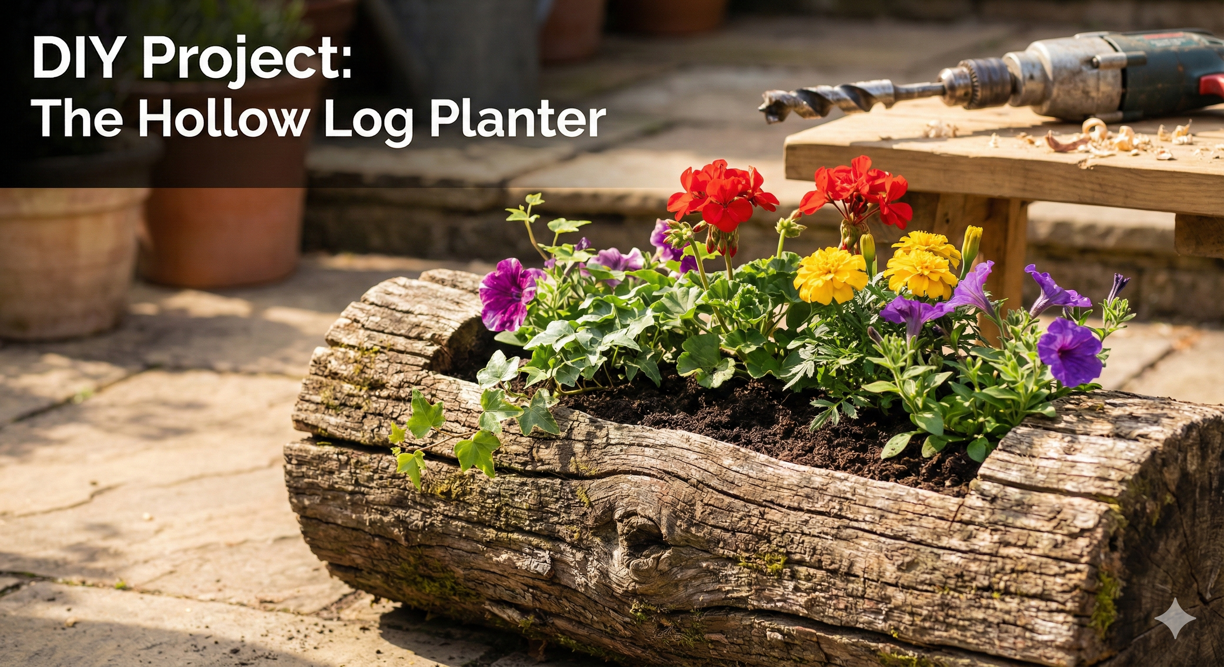 cerca de madera ahuecado utilizado como maceta llena de flores.