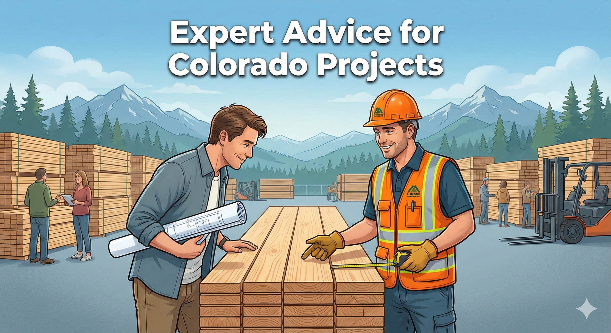Lumber yard expert helping customer with blueprints in Colorado