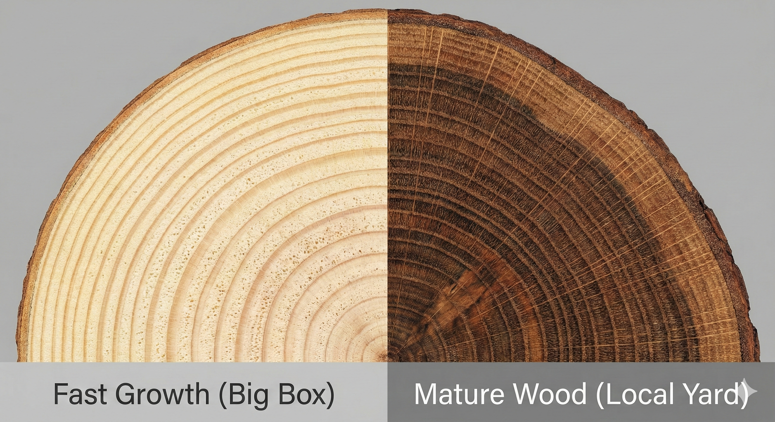 Comparison of wide growth rings in fast-growth timber versus tight rings in mature lumber