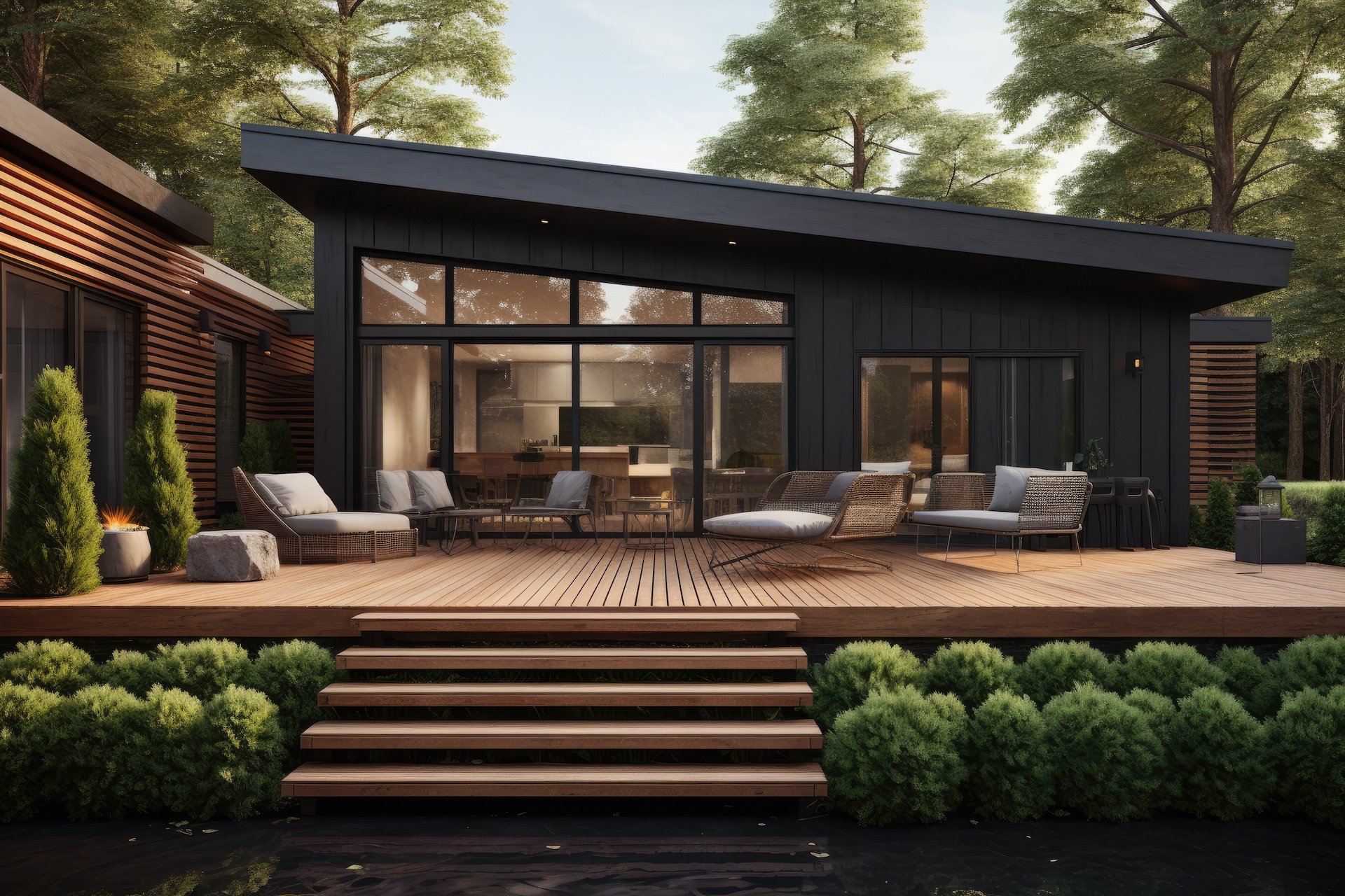 casa moderna con fachada negra y detalles de madera