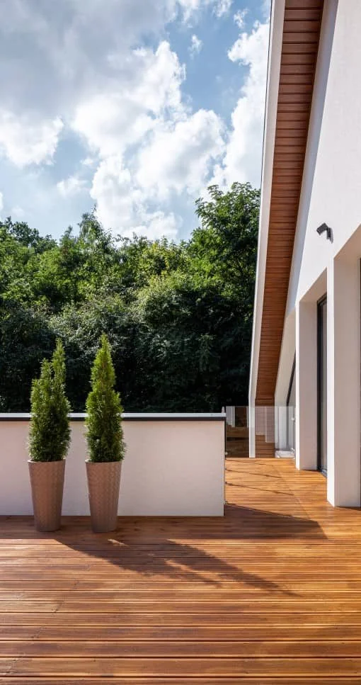 Modern terrace with wooden decking, two potted plants, and view of forested area and cloudy sky.