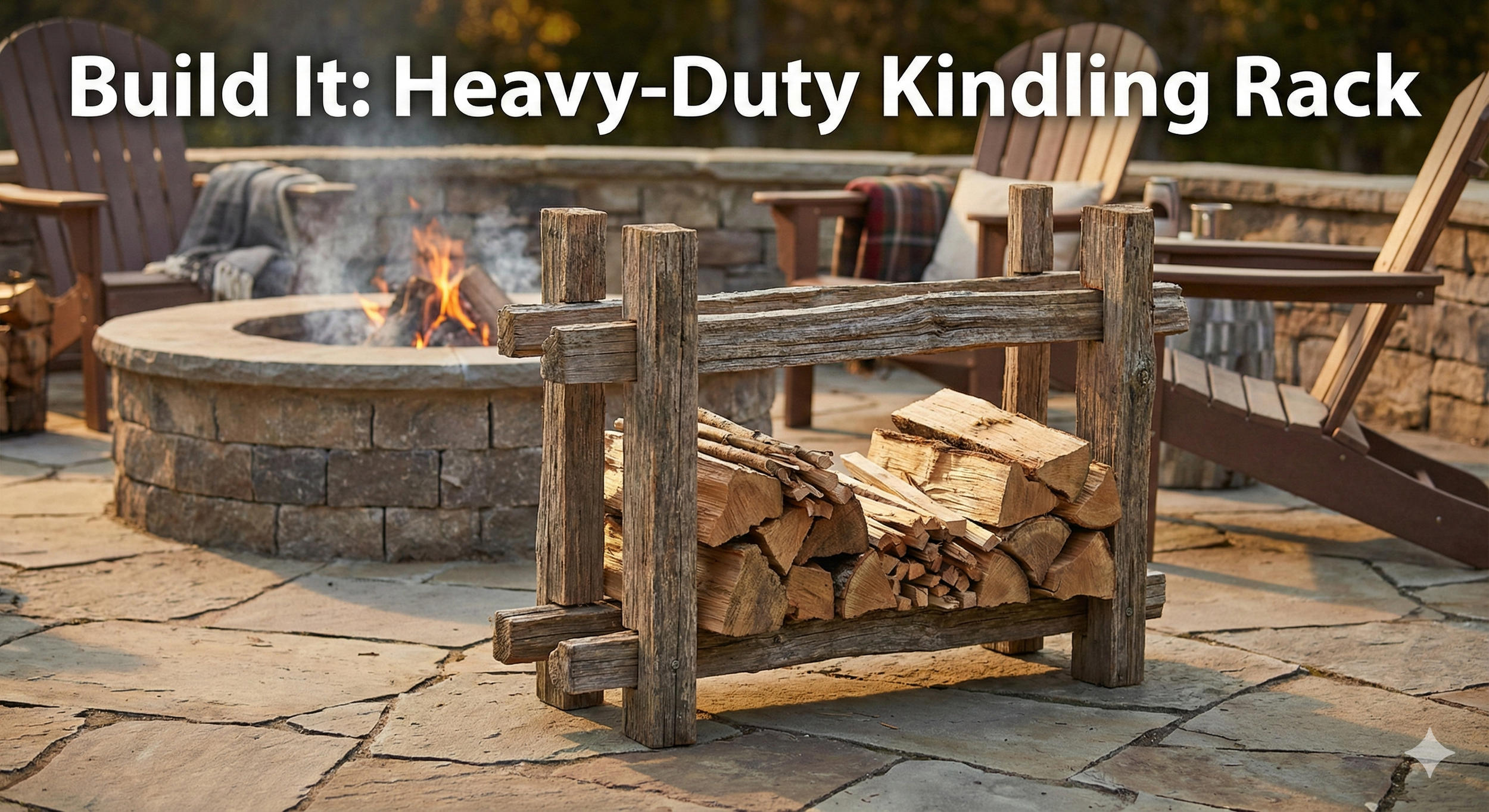 Soporte para leña de encendido hecho a mano con madera reciclada cerca de rieles partidos cerca de madera