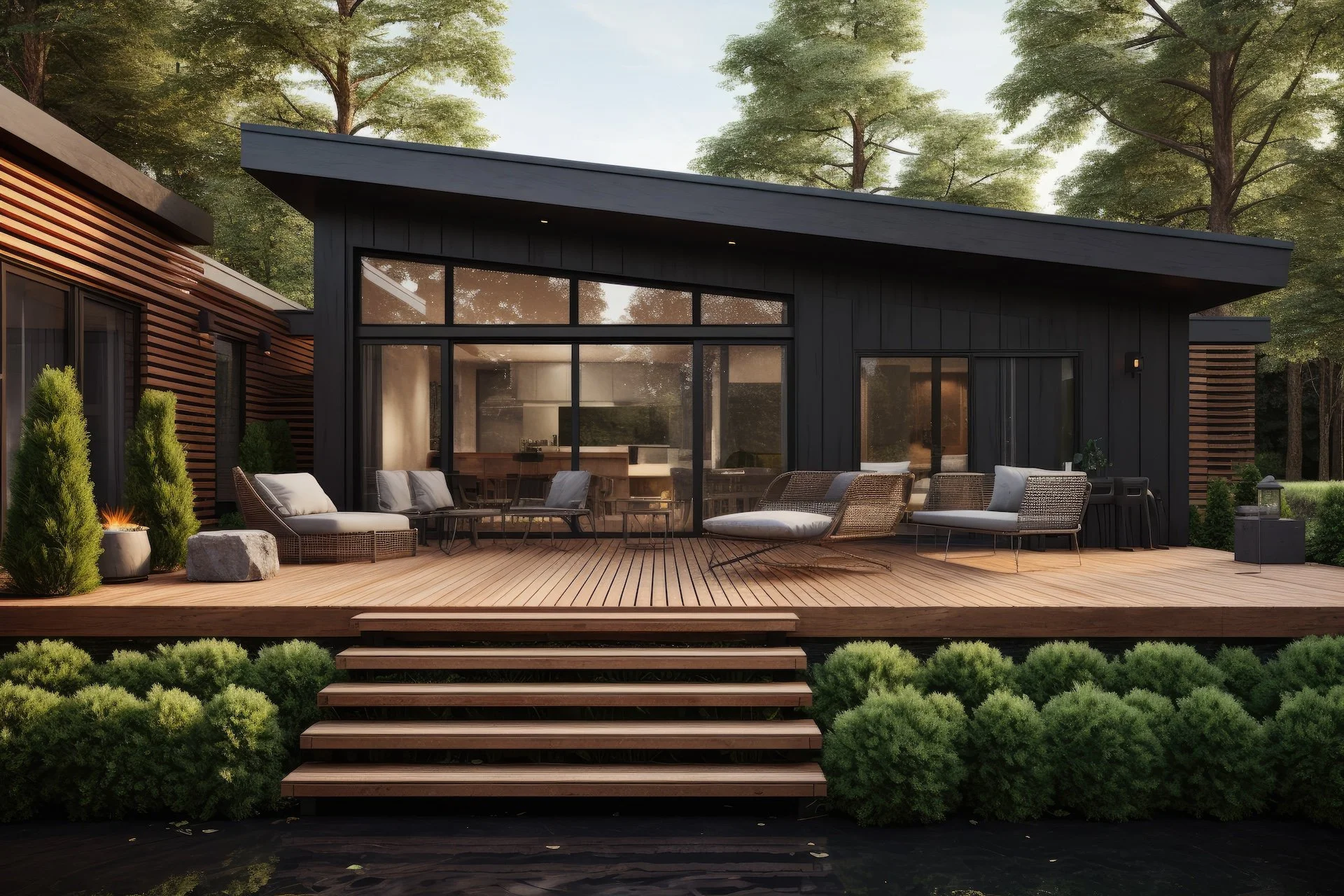 modern home with custom black siding and wood decking