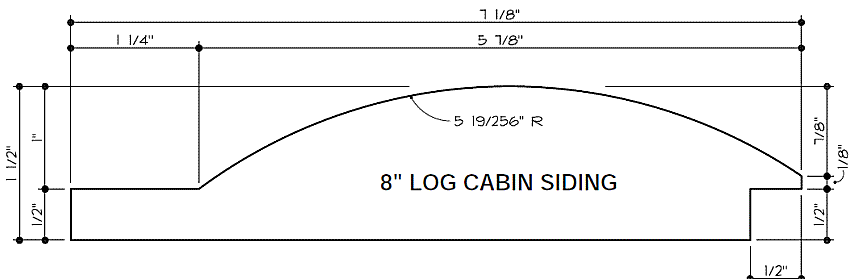 Diagram of 8-inch log cabin siding with dimensional labels, showing a curved top, flat bottom, and a detailed cross-section view with measurements for height, radius, and thickness.