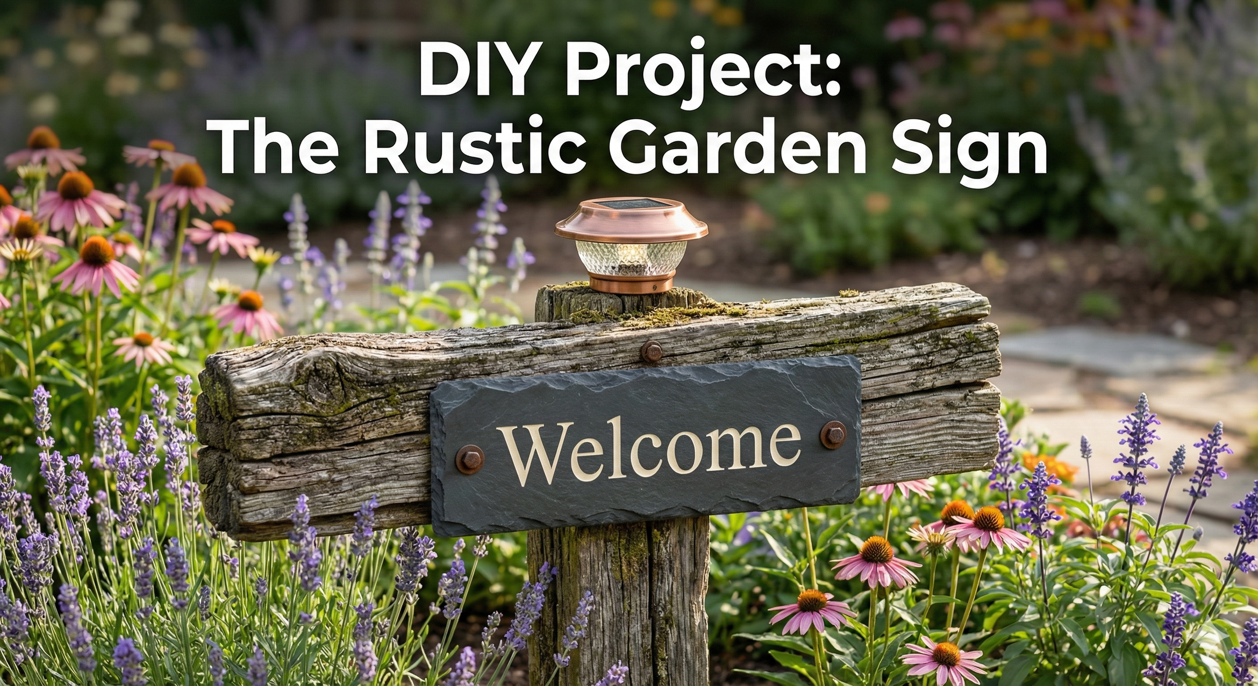 Cartel rústico de bienvenida al jardín montado en un cerca de madera desgastado con flores.