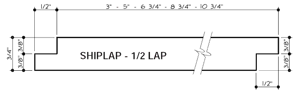 Diagram of a shiplap board with measurements for a 1/2 lap joint, showing 3/8 inch by 3/4 inch cutouts on both sides, and various length options from 3 to 10 3/4 inches.
