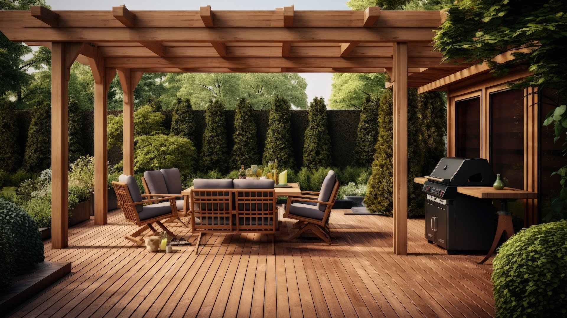 modern backyard with custom wood pergola and wood decking