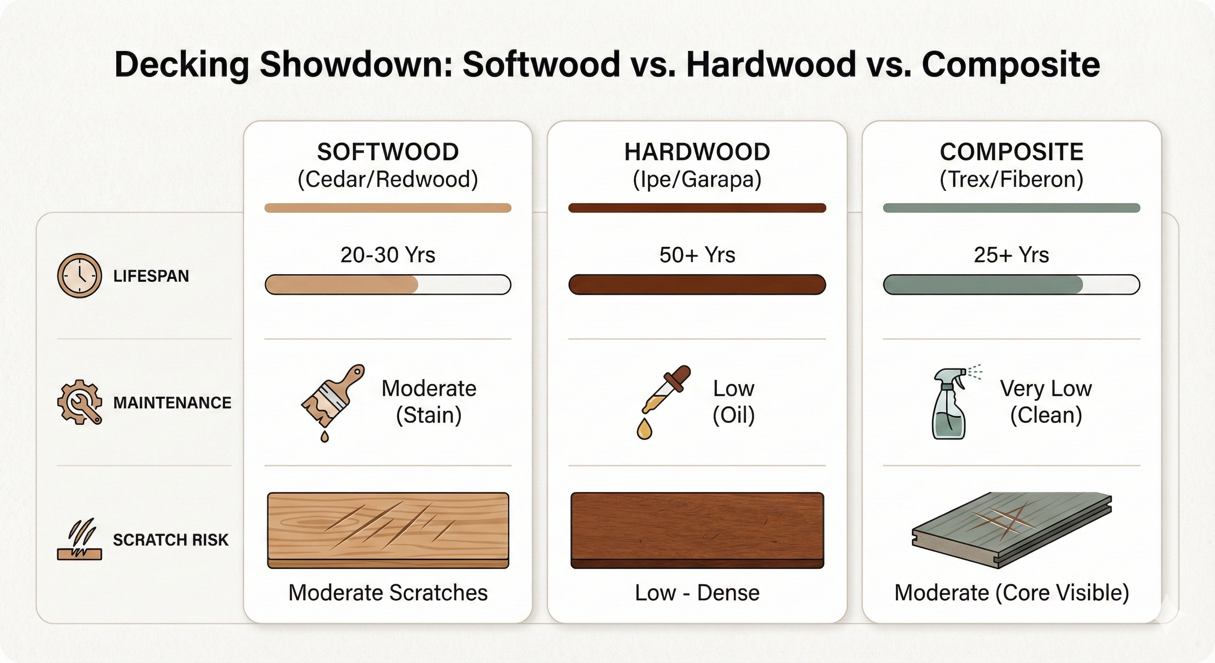 Infographic comparing lifespan maintenance and scratch risk of softwood versus hardwood versus composite decking