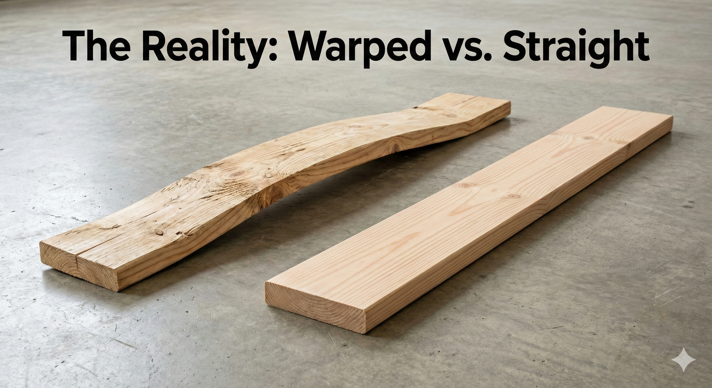 Twisted warped lumber board next to a perfectly straight high quality board
