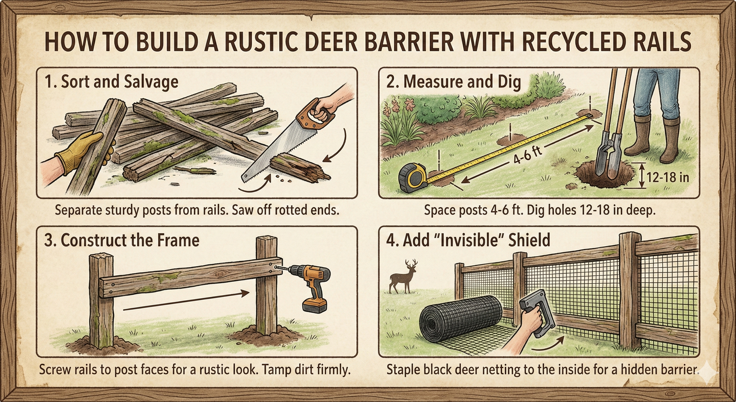 Valla rústica de madera maciza terminada cerca como barrera para ciervos alrededor de un jardín con malla invisible.
