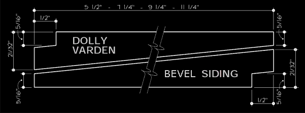 Diagram of Dolly Varden and bevel siding with measurements, showing details of thickness and dimensions for construction or woodworking purposes.