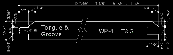 Technical drawing of Tongue & Groove panel labeled WP-4 T&G with dimensions