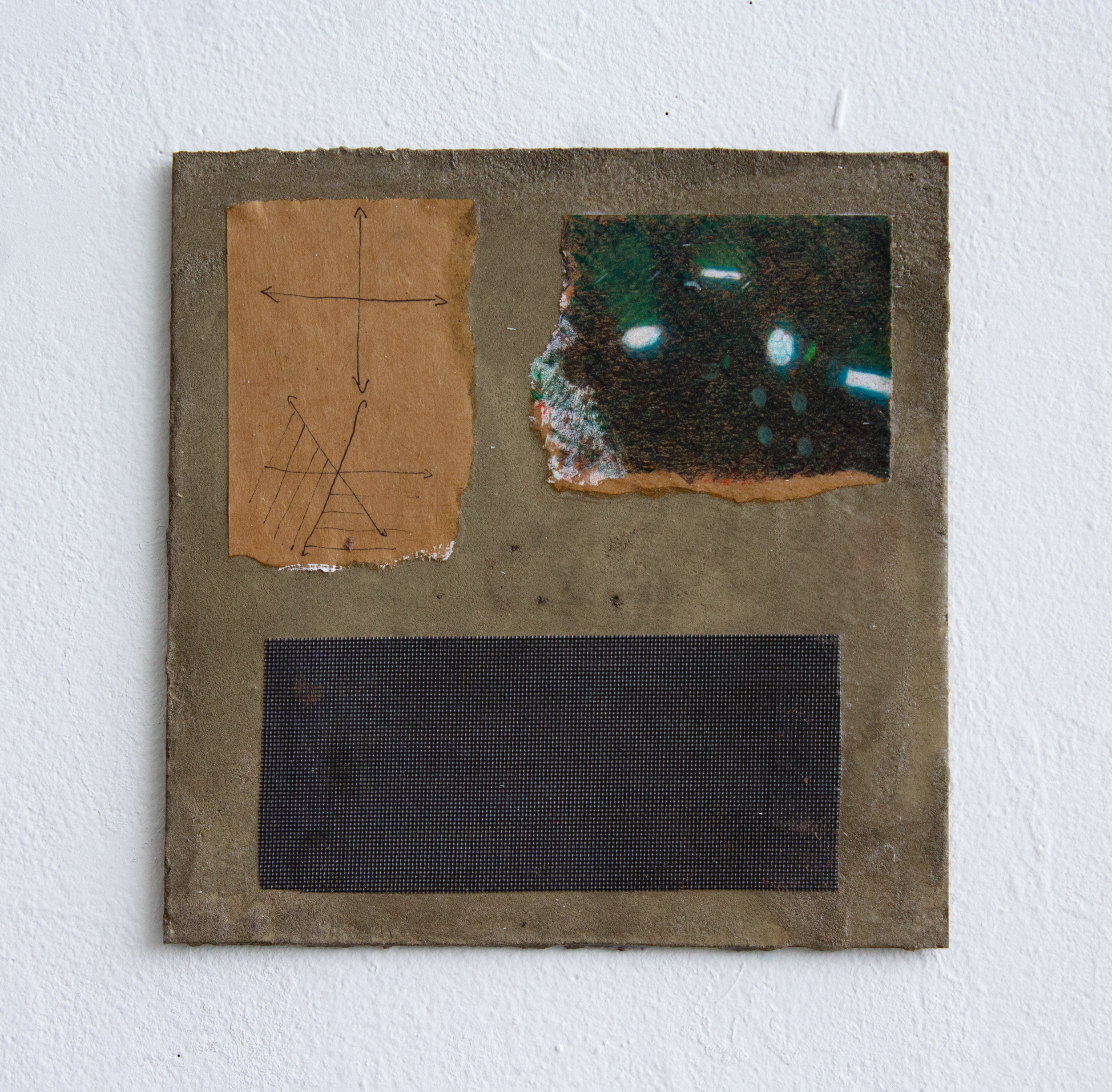 The Kármán line, pen on paper, colored pencil on paper, window screen, concrete on panel, 2024