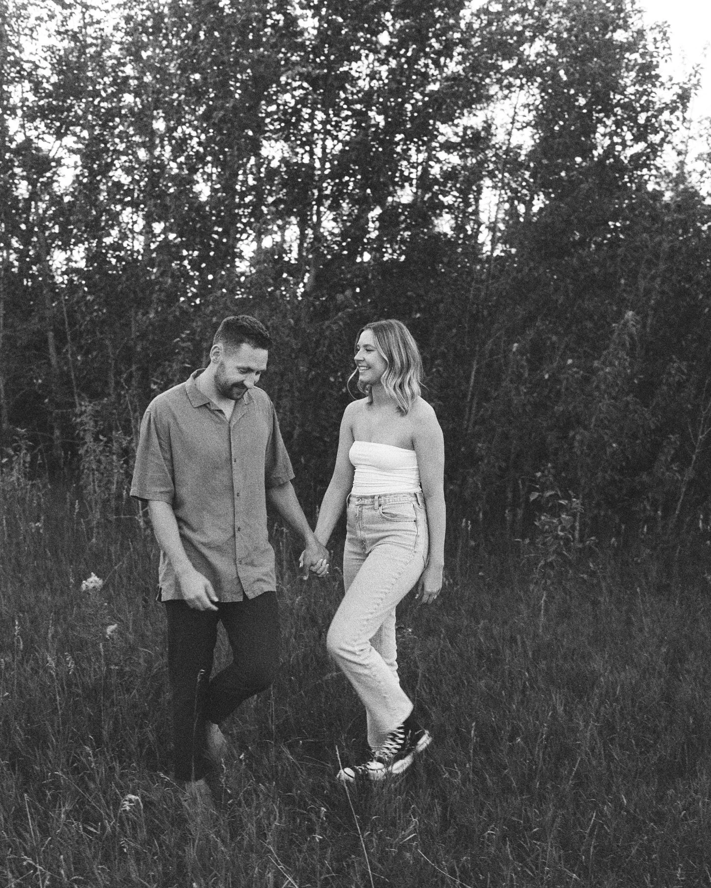 A soft summer evening on #ilforddelta3200 #mediumformat film with the effortlessly beautiful and sweet Kira &amp; Matt 🥂✨ can&rsquo;t wait to travel out to my home province of BC next summer for their wedding!