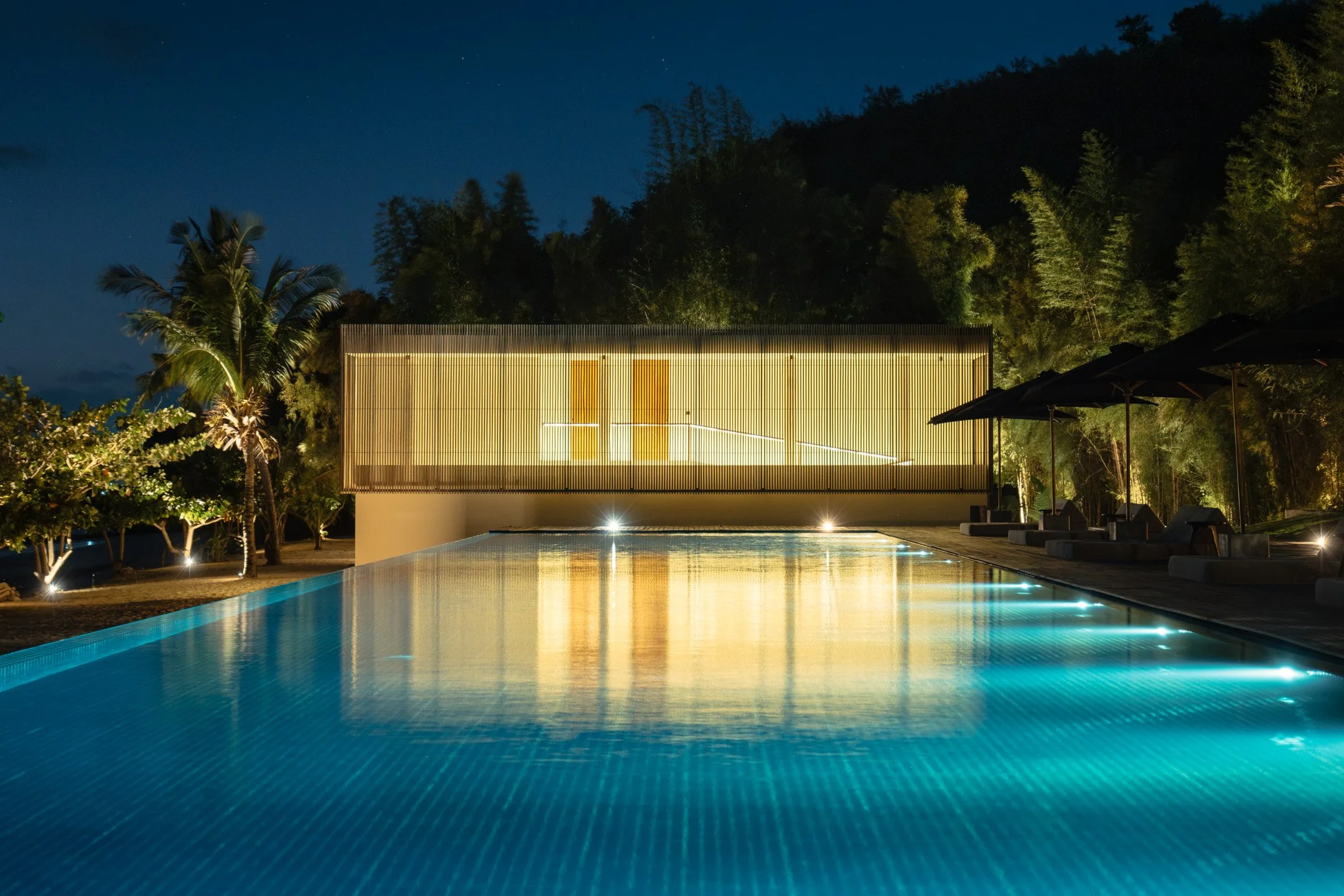 Night view of a modern house with illuminated windows, surrounded by trees, with a swimming pool reflecting the house and sky.